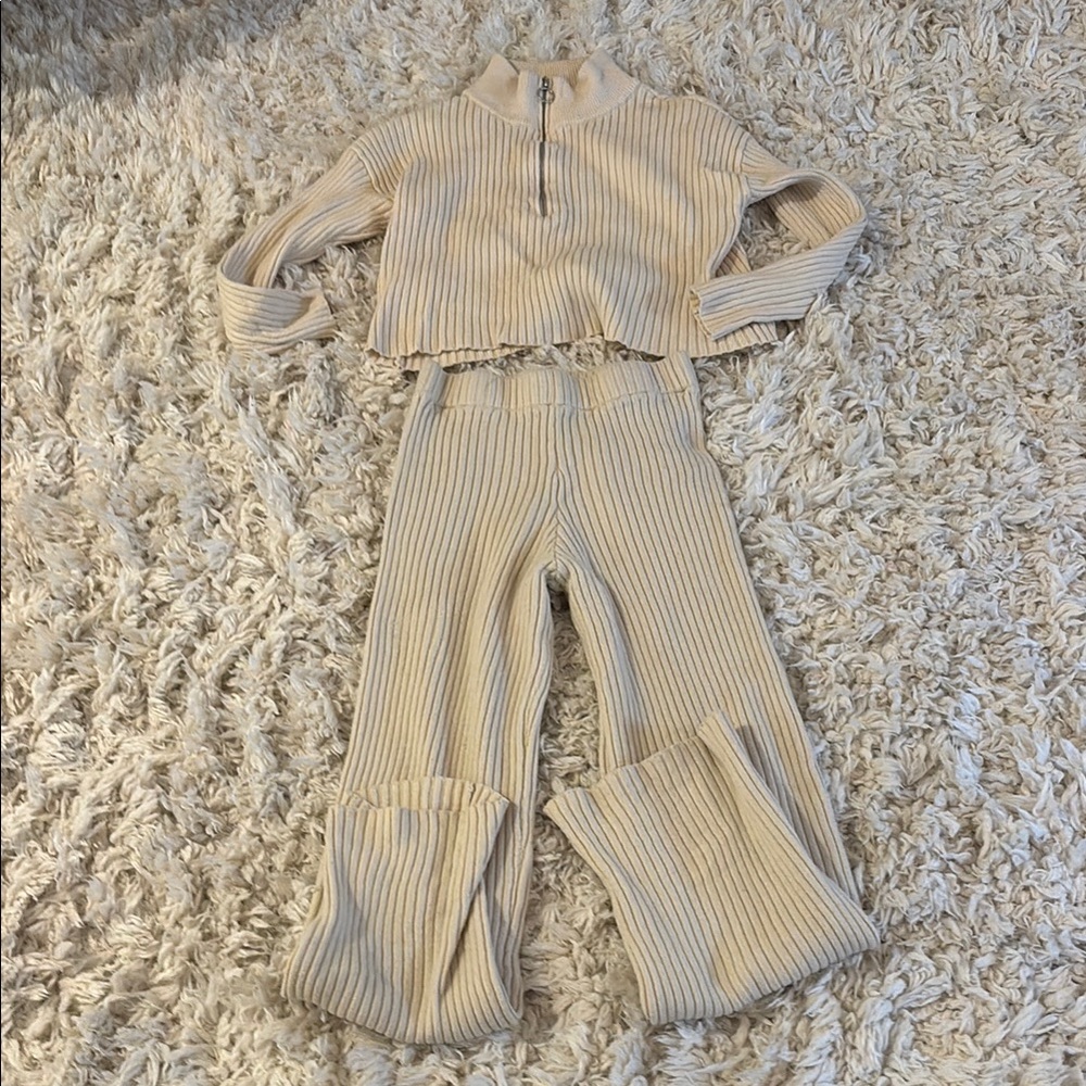 Cream Ribbed Knit Two-Piece Set